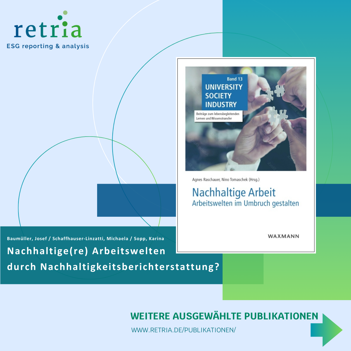 Cover des Buches "Nachhaltige Arbeit - Arbeitswelten im Umbruch gestalten" von Agnes Raschauer und Nino Tomascheck (Hrsg.), beworben auf retria.de als Teil der ausgewählten Publikationen zum Thema Nachhaltigkeitsberichterstattung.