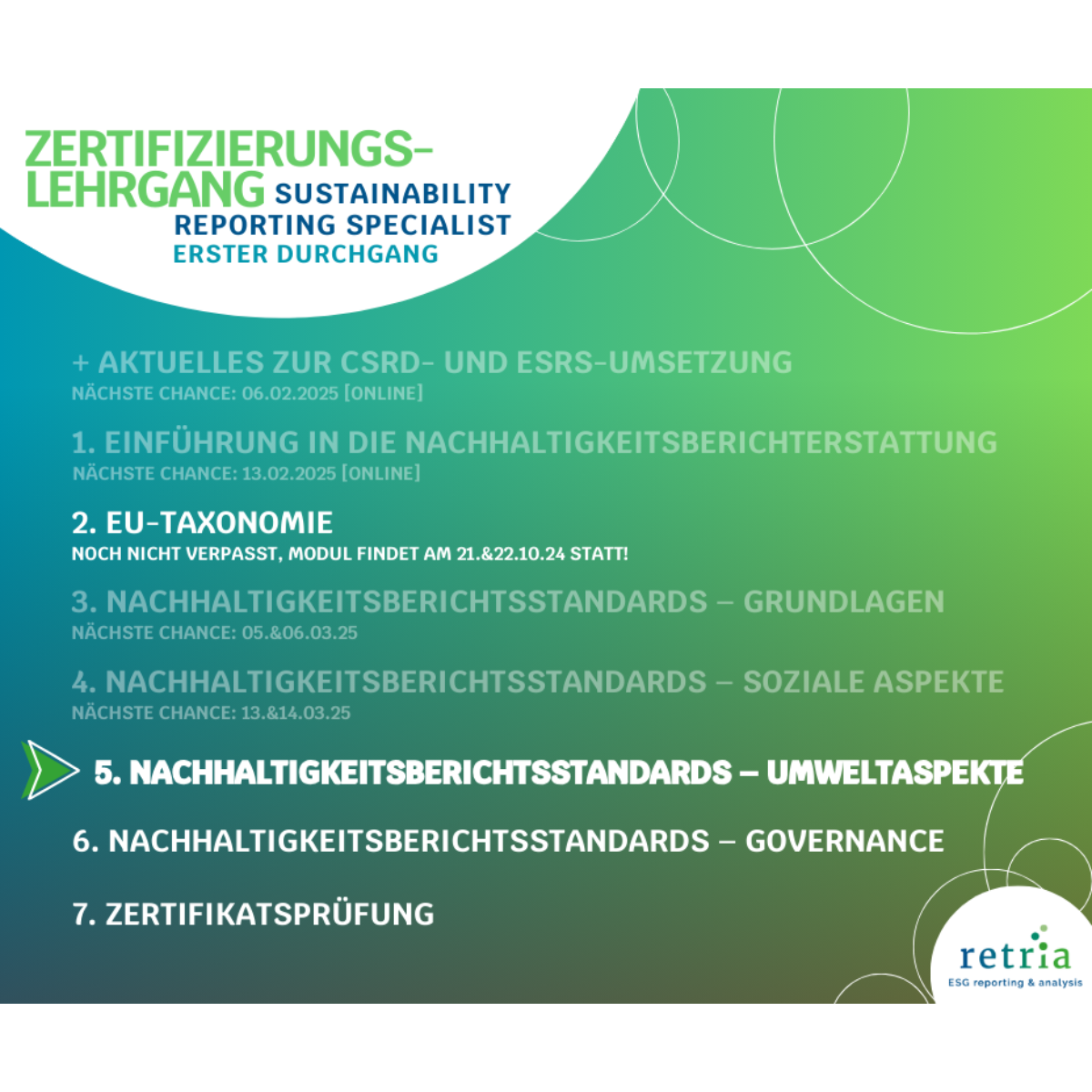 Werde Experte in der Umweltberichterstattung – Online Modul Nachhaltigkeitsberichtsstandards Umweltaspekte mit Monika Brom, Teil des zertifizierten Lehrgangs Sustainability Reporting Specialist.