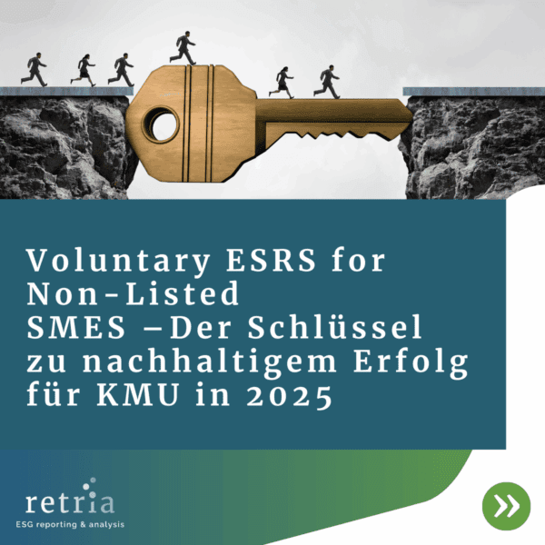 In der Mitte steht auf türkisem Hintergrund in weißer Schrift: Voluntary ESRS for Non-Listed SMES –Der Schlüssel zu nachhaltigem Erfolg für KMU in 2025