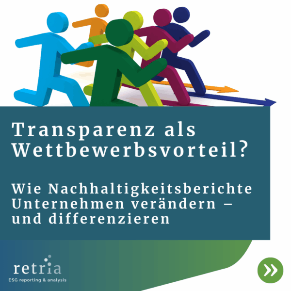 Bunte stilisierte Figuren bewegen sich auf Pfeilen in verschiedene Richtungen, mit dem Text „Transparenz als Wettbewerbsvorteil?“ und dem retria-Logo.