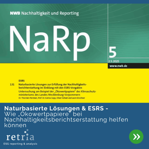 Abbildung der NaRp-Ausgabe in der oberen Hälfte des Bildes. Untere Hälfte, in weißer Schrift auf blauem Grund: "Naturbasierte Lösungen & ESRS - Wie „Ökowertpapiere” bei Nachhaltigkeitsberichtserstattung helfen können"