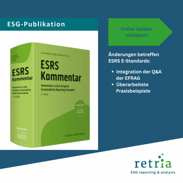 Auf der linken Seite des Bildes sieht man den ESRS-Kommentar abgebildet und auf der rechten Seite steht in einem grünen Pfeil eingebettet: "Online Update verfügbar!"