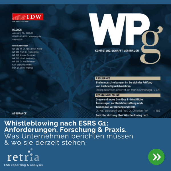Obere Hälfte des Bildes: Titelseite der WPg-Ausgabe. Untere Hälfte des Bildes: In weißer Schrift auf blauem Hintergrund steht: "Whistleblowing nach ESRS G1: Anforderungen, Forschung & Praxis. Was Unternehmen berichten müssen & wo sie derzeit stehen."