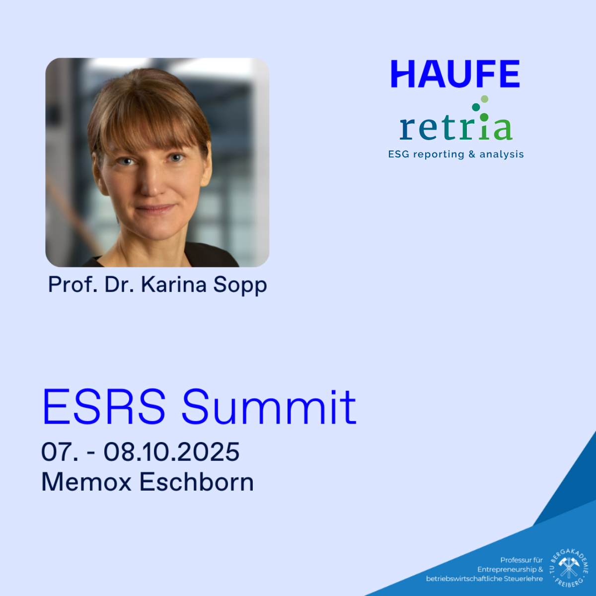 Promotionsbild für den ESRS Summit mit Prof. Dr. Karina Sopp, der am 7.–8. Oktober 2025 im Memox Eschborn stattfindet.