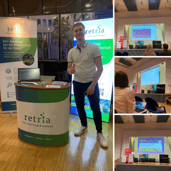 Fotocollage vom 3. Sächsischen Forum Nachhaltigkeit in Freiberg mit Retria-Stand und Vorträgen zu ESG und KMU-Nachhaltigkeit.