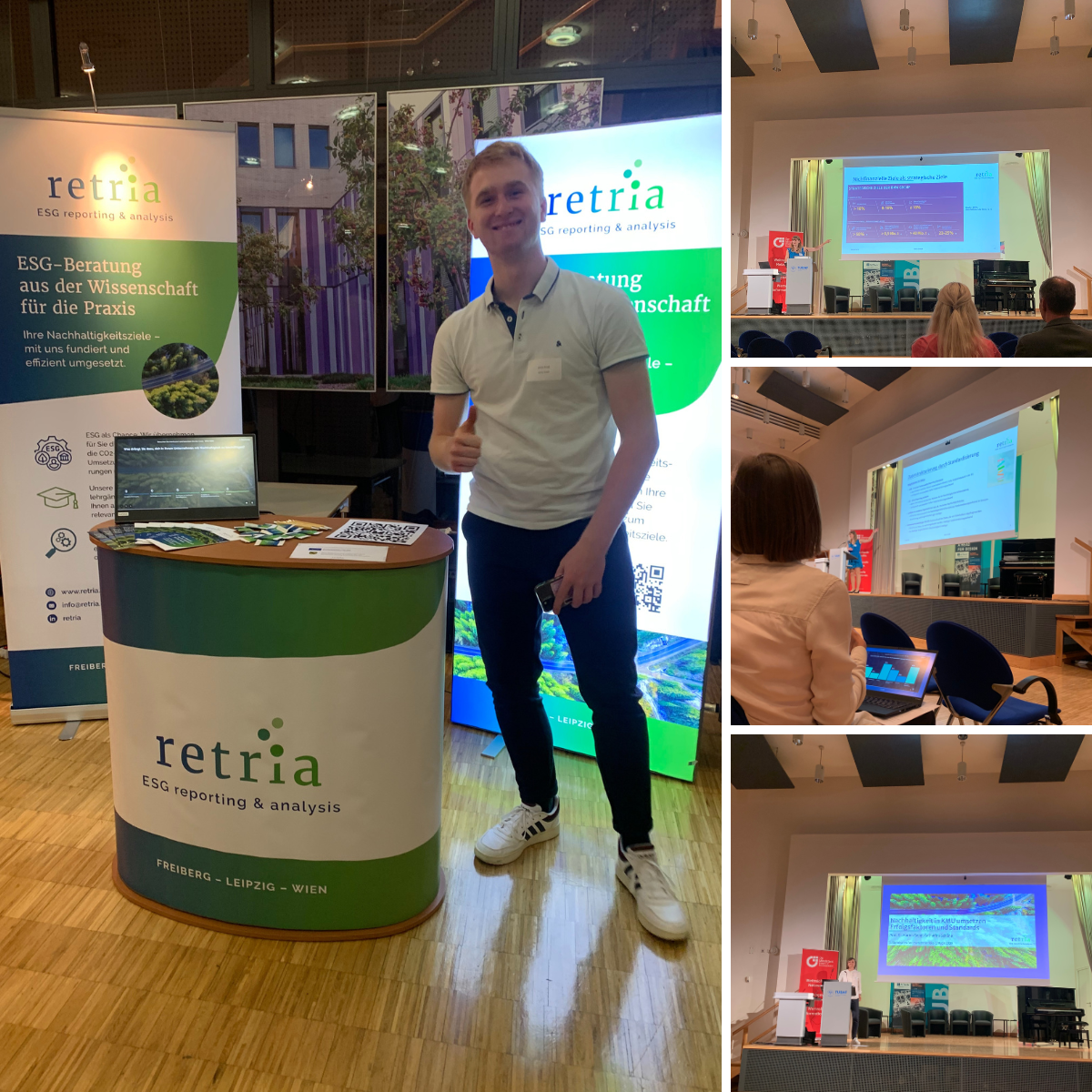 Fotocollage vom 3. Sächsischen Forum Nachhaltigkeit in Freiberg mit Retria-Stand und Vorträgen zu ESG und KMU-Nachhaltigkeit.