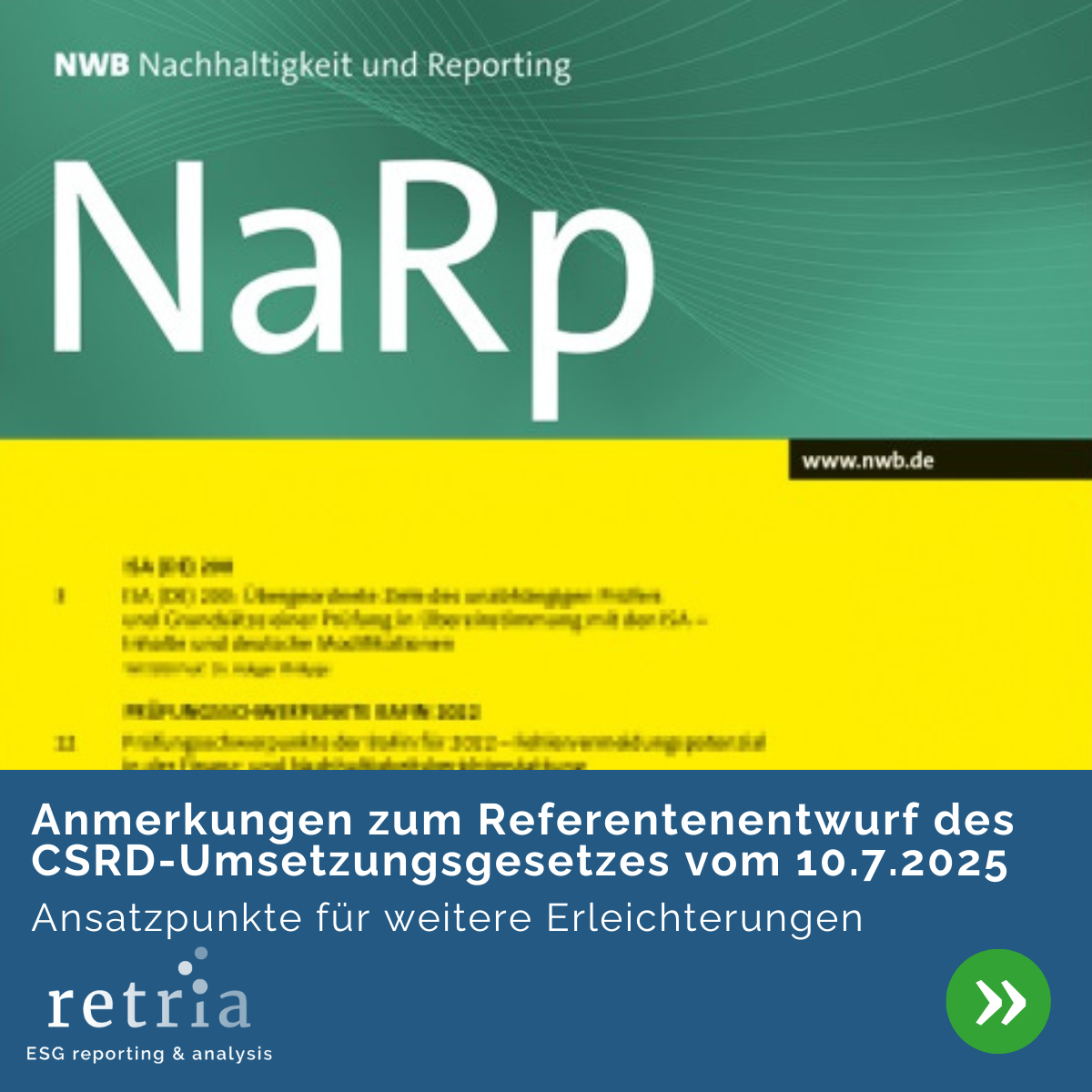 Titelblatt der NWB-Publikation "NaRp" mit dem Thema "Anmerkungen zum Referentenentwurf des CSRD-Umsetzungsgesetzes vom 10.7.2025