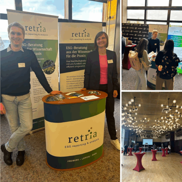 Collage vom Circular Saxony Event: Retria-Stand mit ESG-Angeboten, Gespräche mit Teilnehmenden und Blick in den Veranstaltungsraum.