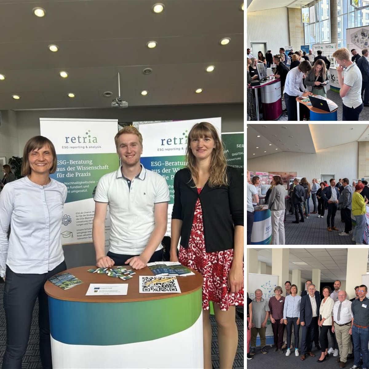 Collage von der RESTEC 2025 mit retria-Stand, ESG-Beratung im Fokus, Interaktionen mit Besuchern und Networking-Momenten.