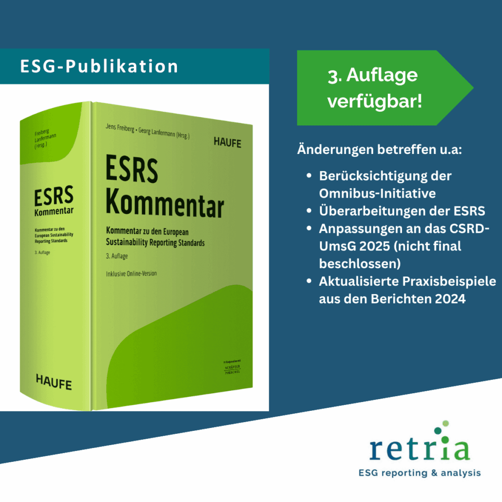 „Grafik zur 3. Auflage des ESRS Kommentars mit grünem Buchcover, Updates zu ESRS, CSRD-UmG und Praxisbeispielen, Branding von retria“