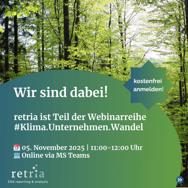 Webinar-Ankündigung für retria zur Reihe #Klima.Unternehmen.Wandel mit Waldbild im Hintergrund, Datum 5. November 2025, Uhrzeit 11–12 Uhr, Format Online via MS Teams, Hinweis auf kostenfreie Anmeldung