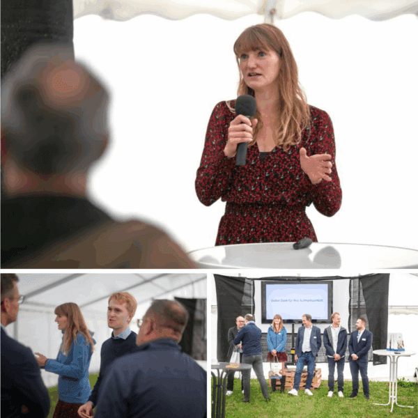 Fotos vom Logistik-Event: Prof. Dr. Karina Sopp beim Vortrag, alle Vortragenden gemeinsam und retria-Team im Gespräch mit Teilnehmenden