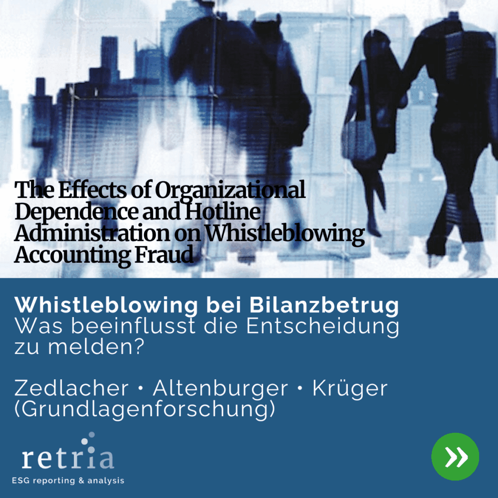 Grafik zur Studie über Whistleblowing bei Bilanzbetrug mit englischem und deutschem Titel, Autorenangabe und ESG-Logo auf blauem abstraktem Hintergrund