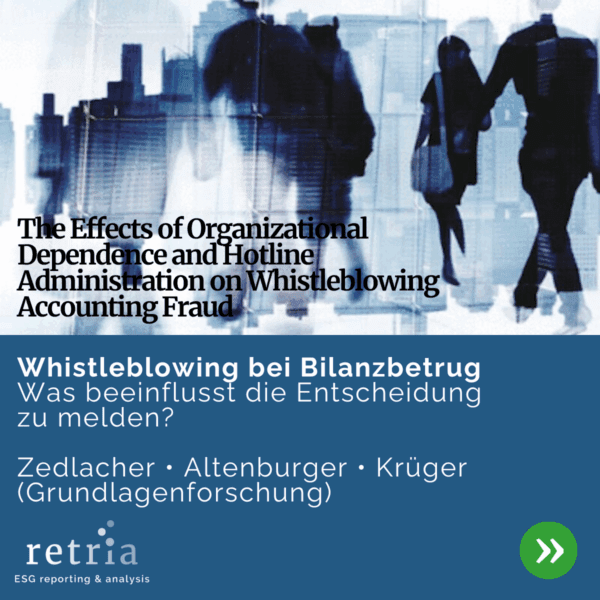 Grafik zur Studie über Whistleblowing bei Bilanzbetrug mit englischem und deutschem Titel, Autorenangabe und ESG-Logo auf blauem abstraktem Hintergrund