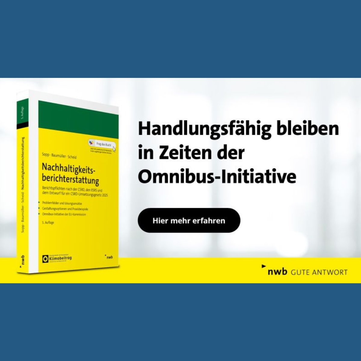 Cover der 5. Auflage „Nachhaltigkeitsberichterstattung“ mit Fokus auf CSRD, ESRS, VSME und EU-Regulierung, NWB Verlag