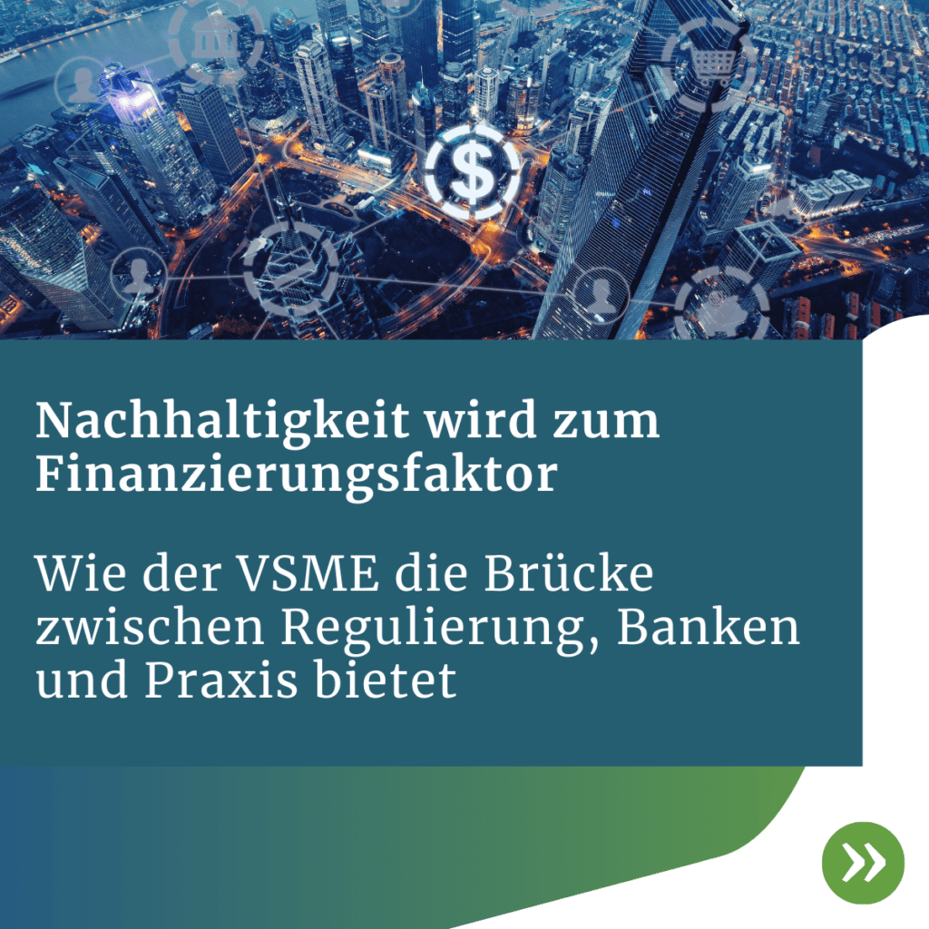 Nächtliche Stadtansicht mit leuchtenden Finanzsymbolen – Darstellung von Nachhaltigkeit, Regulierung und Bankenvernetzung durch VSME