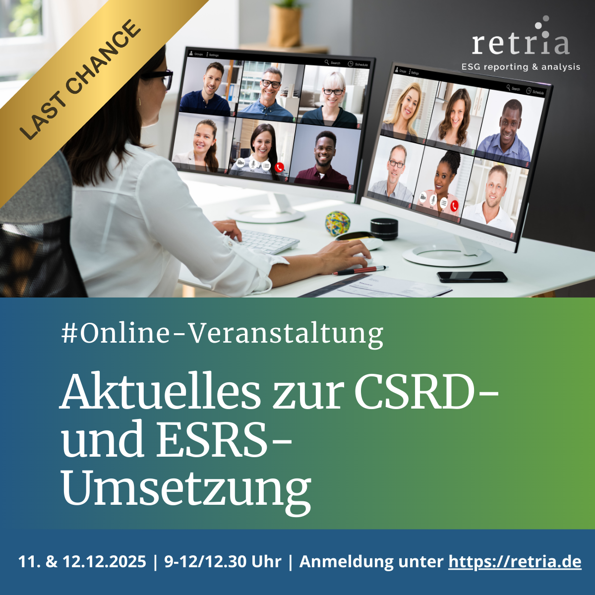 Symbolbild für ESG-Online-Veranstaltung zur CSRD- und ESRS-Umsetzung – Hinweis ‚Last Chance