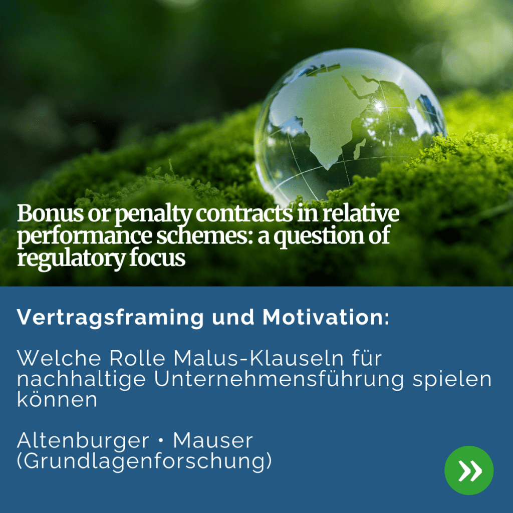 Glaskugel mit Weltkarte auf grünem Moos, Symbol für Nachhaltigkeit und globale Verantwortung, kombiniert mit Text zu Bonus- und Malus-Klauseln in Unternehmensführung