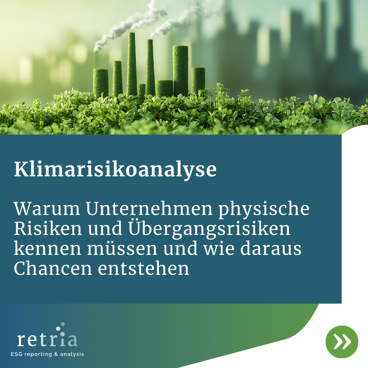 Grüne Fabrikschornsteine aus Laub mit weißem Rauch vor urbaner Kulisse – Symbolbild für Klimarisikoanalyse und nachhaltige Industrie