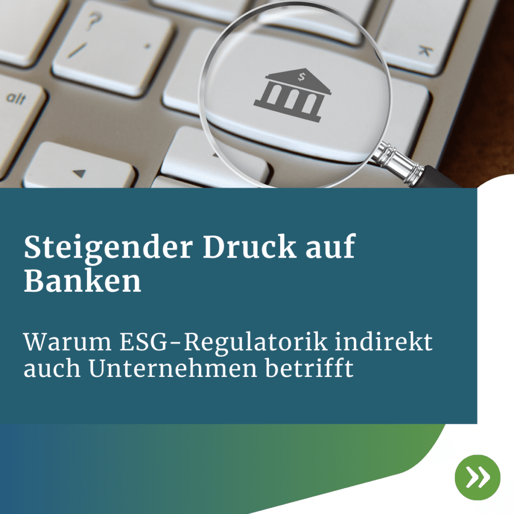 Lupe über einer Computertastatur mit einem Bank‑Symbol, begleitet von Text über den steigenden Druck auf Banken und die Auswirkungen der ESG‑Regulatorik auf Unternehmen.
