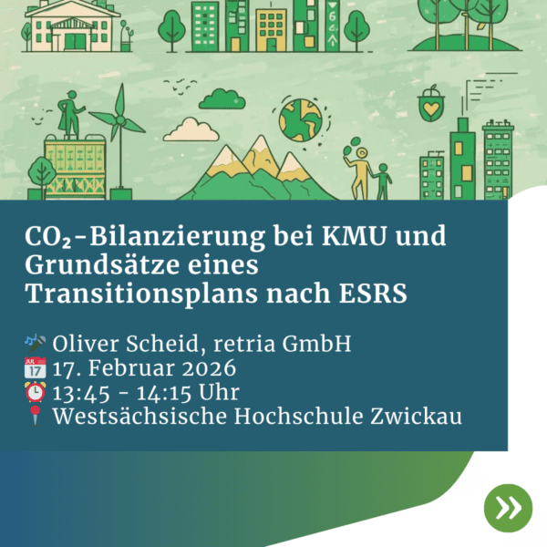 Grafik zum Event ‚CO₂-Bilanzierung bei KMU und Grundsätze eines Transitionsplans nach ESRS‘ mit grünen Nachhaltigkeits-Illustrationen sowie Angaben zu Datum, Uhrzeit und Veranstaltungsort an der Westsächsischen Hochschule Zwickau.