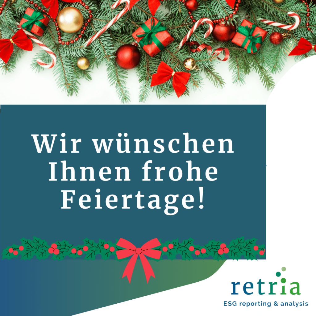 Festliche Weihnachtskarte mit Dekorationen, Geschenken und dem Gruß ‚Wir wünschen Ihnen frohe Feiertage!‘ von retria