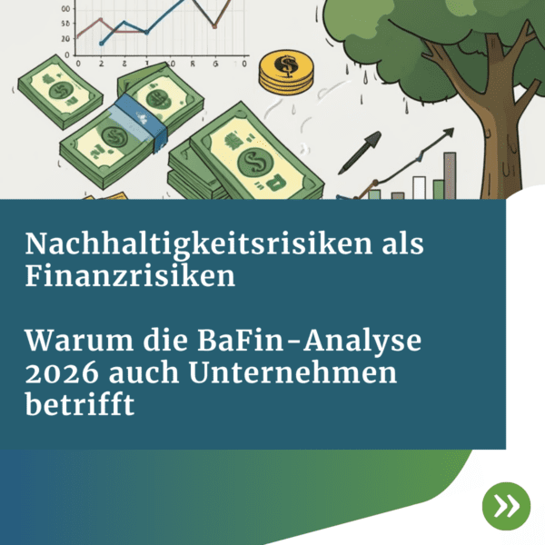 Illustration zu Nachhaltigkeitsrisiken als Finanzrisiken mit Geldscheinen, Diagrammen und einem trockenen Baum – Hinweis auf BaFin‑Analyse 2026 für Unternehmen.